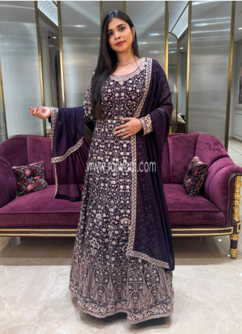 Wine Embroidered Chiffon Gown With Dupatta