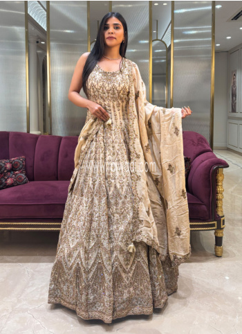 Beige Color Embroidered Georgette Gown With Dupatta