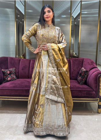 Golden Color Embroidered Georgette Gown With Dupatta