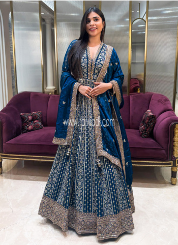 Rama Blue Embroidered Chiffon Fabric Gown With Dupatta