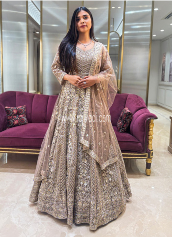 Beige Color Heavy Embroidered Net Gown With Dupatta