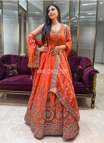 Orange Embroidered Chiffon Gown With Dupatta