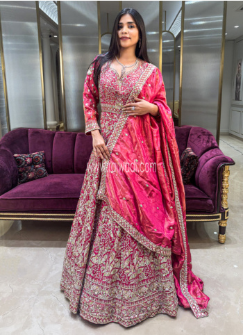Rani Embroidered Silk Gown With Dupatta