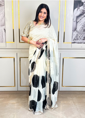 Cream And Black Embroidered Chiffon Fabric Saree