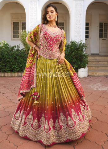Parrot Green And Coral Pink Embroidered Lehenga Choli In Silk