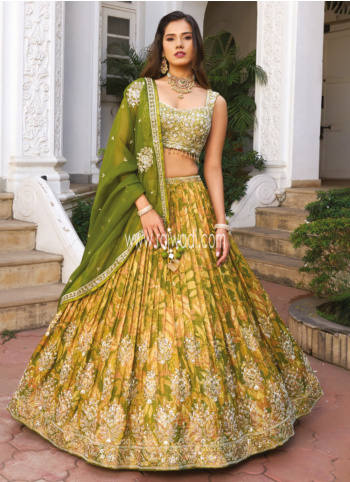 Mehendi Green Embroidered Silk Lehenga Choli