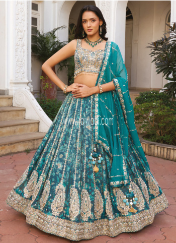 Rama Green Embroidered Silk Lehenga Choli