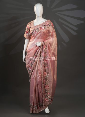Light Pink Color Embroidered Tissue Silk Saree With Readymade Choli