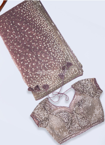 Lavender Embroidered Net Saree With Ready Choli