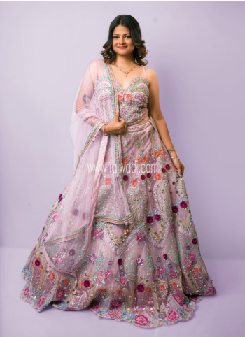 Light Pink Embroidered Net Lehenga Choli