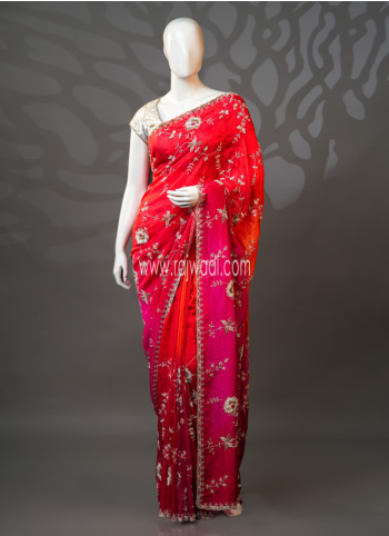 Pink And Orange Embroidered Organza Silk Saree