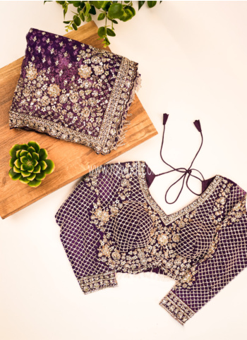 Purple Embroidered Net Saree