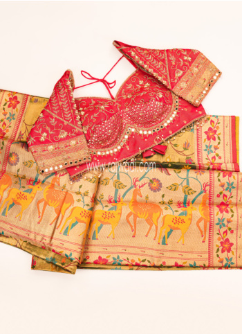 Golden And Green Embroidered Kanjivaram Saree