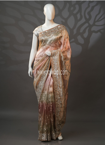 Golden Shaded Embroidered Tissue Silk Saree