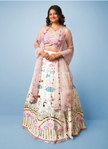 Off White Color Embroidered Raw Silk Lehenga Choli