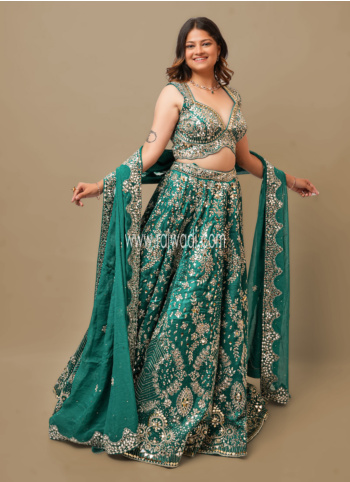 Rama Green Embroidered Raw Silk Lehenga Choli
