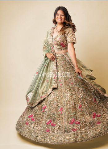 Pista Green Embroidered Tissue Silk Lehenga Choli