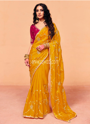 Mustard Yellow Embroidered Organza Saree