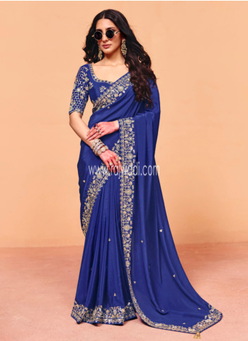Royal Blue Embroidered Chiffon Silk Saree