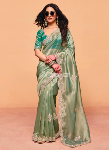 Sea Green Embroidered Tissue Silk Saree
