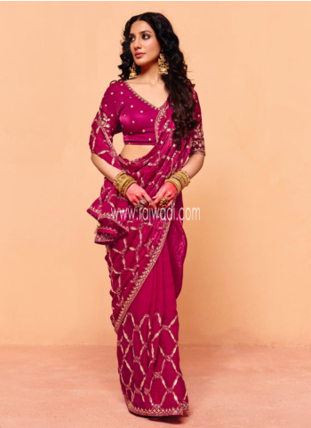 Magenta Embroidered Organza Saree