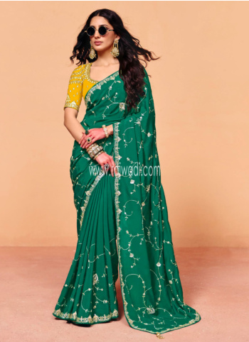 Sea Green Embroidered Silk Saree