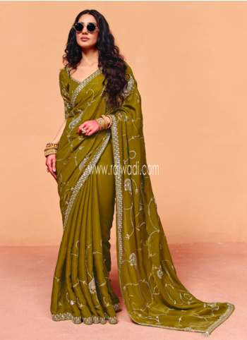 Mehndi Green Embroidered Organza Saree