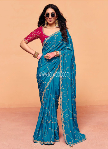 Blue Embroidered Chiffon Silk Saree