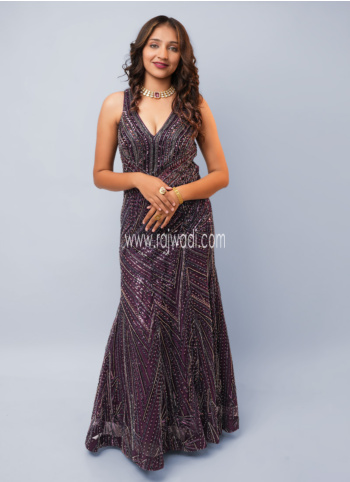 Wine Embroidered Net Gown