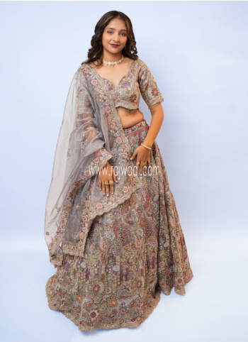Grey Embroidered Tissue Lehenga Choli