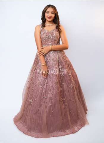 Onion Pink Embroidered Net Gown