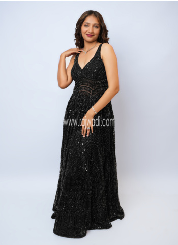 Black Embroidered Net Gown