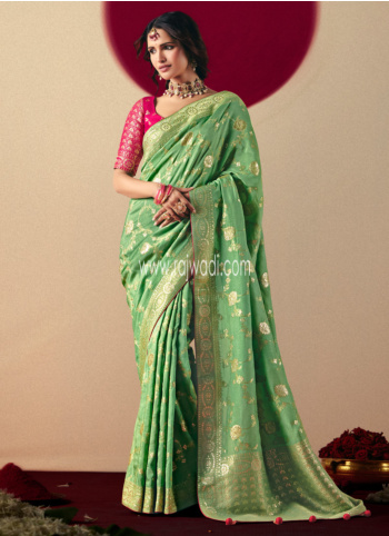Pista Green Woven Banarasi Silk Saree