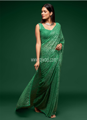 Mint Green Sequins Embroidered Georgette Saree