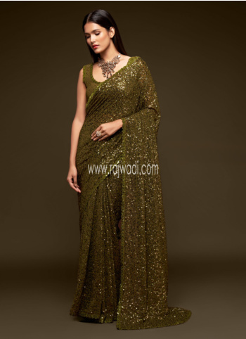 Olive Green Sequins Embroidered Georgette Saree
