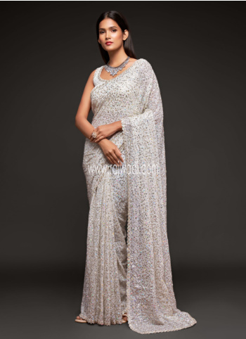 Pearl White Sequins Embroidered Georgette Saree