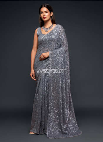 Grey Embroidered Georgette Saree