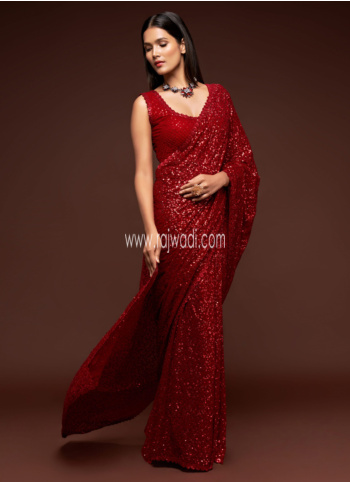 Red Sequins Embroidered Georgette Saree