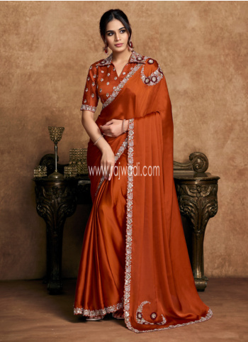 Rust Color Embroidered Satin Silk Saree
