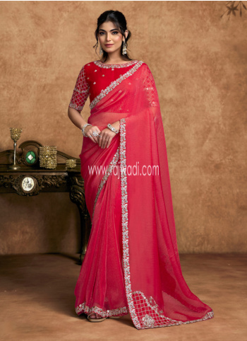 Red Embroidered Organza Sailk Saree