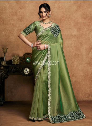 Olive Color Embroidered Organza Silk Saree