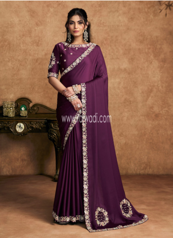 Wine Color Embroidered Satin Silk Saree