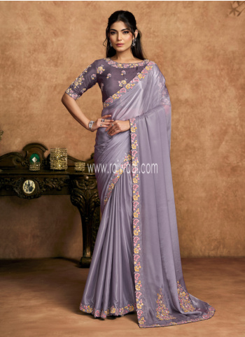 Lavender Embroidered Satin Saree