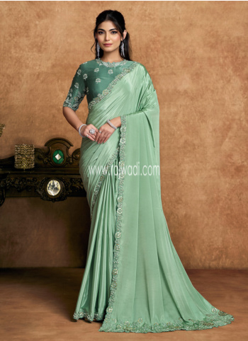 Sea Green Embroidered Satin Saree