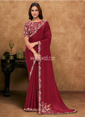 Maroon Color Embroidered Satin Saree