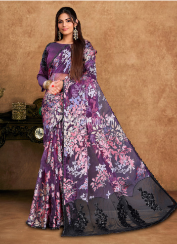 Purple Embroidered Organza Silk Saree