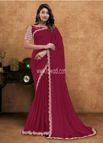 Magenta Embroidered Satin Silk Saree