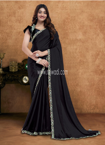 Black Color Embroidered Satin Saree