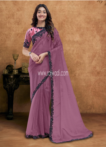 Mauve Color Embroidered Satin Saree