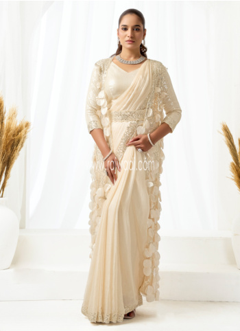 Cream Embroidered Satin Silk Saree